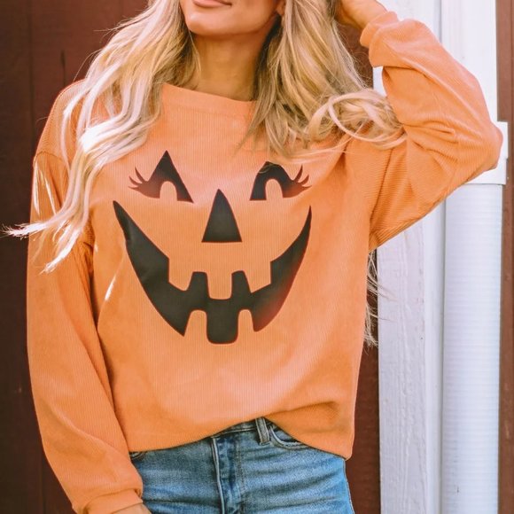 Orange Pumpkin Smile Face Graphic Sweatshirt - Picture 8 of 9